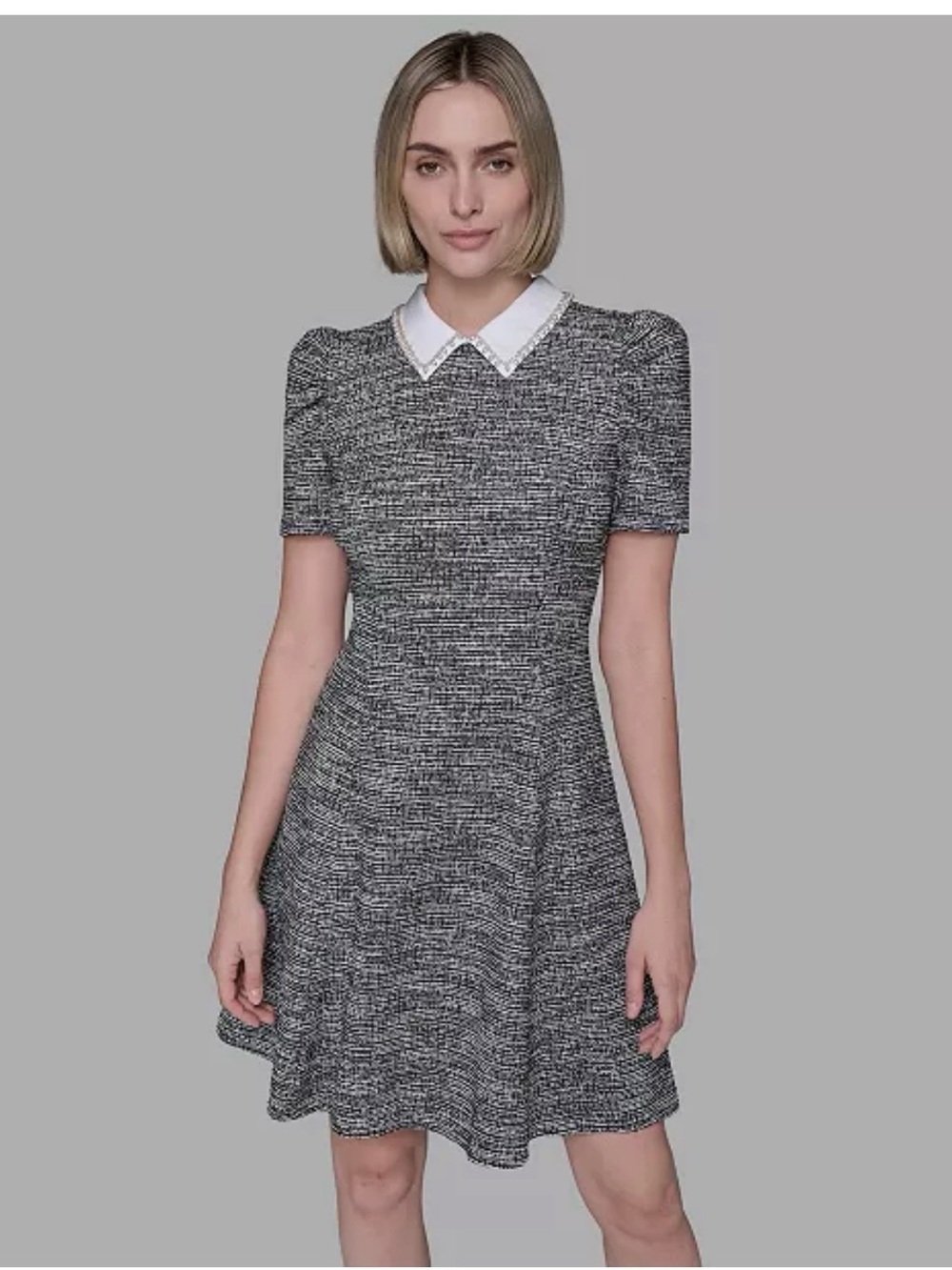 Karl Lagerfeld Black and White Tweed Mini Dress with Contrast Collar